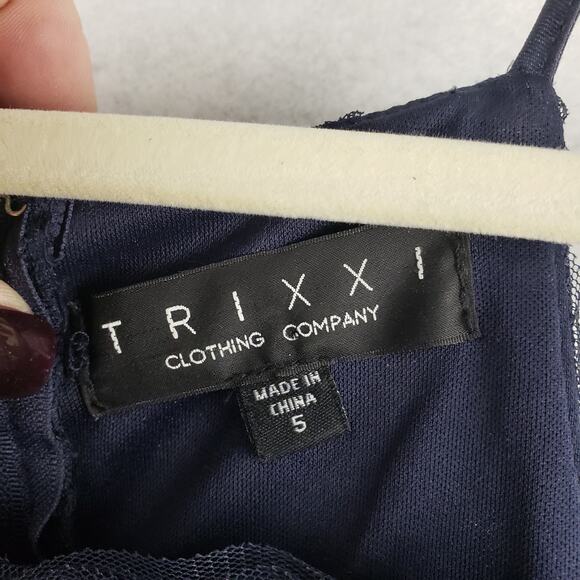 Trixxi Size 5 High Neck Fit & Flare Mini Dress Navy Textured Floral Rhinestone - Picture 4 of 11